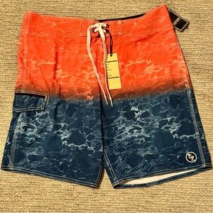 Ezekiel Mens 34 Board Short Swim Navy Coral Sunset Water Print Pocket Stretch 9”